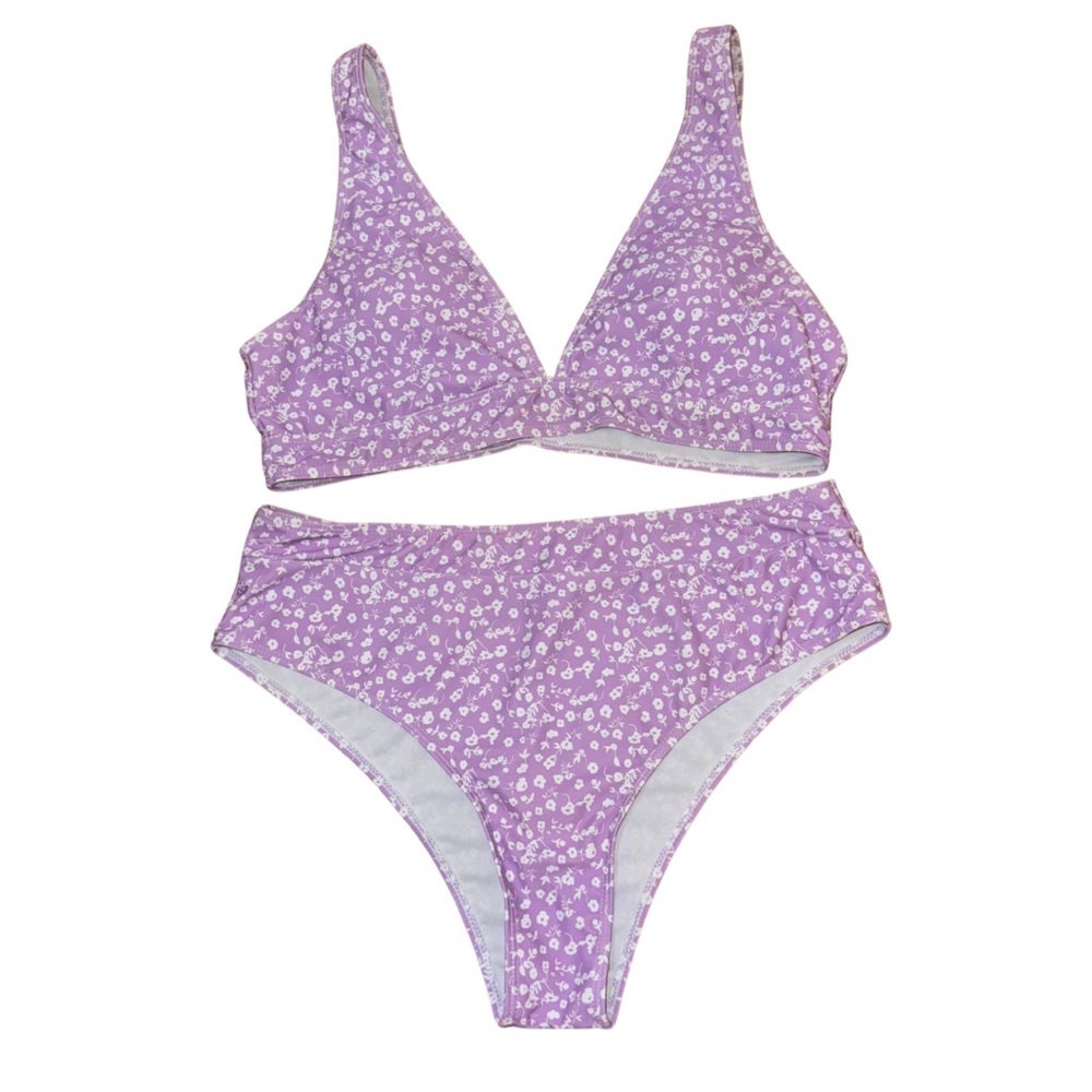 SHEIN lavender ditsy floral bikini set with high-waisted bottoms - size XL